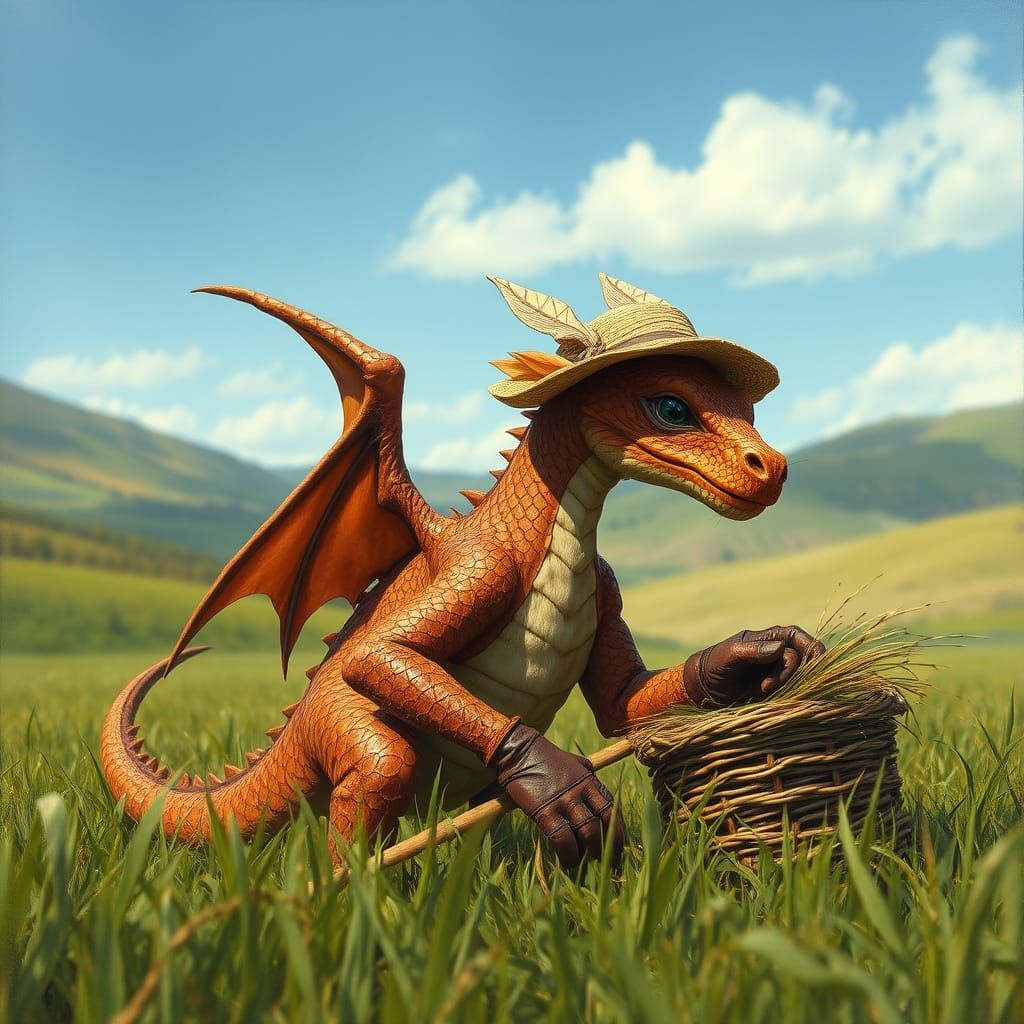 Earthly Dragon Helps with Farm Work in a Lush Field