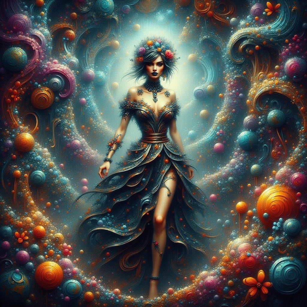 Psychedelic Woman in Dreamlike Landscape