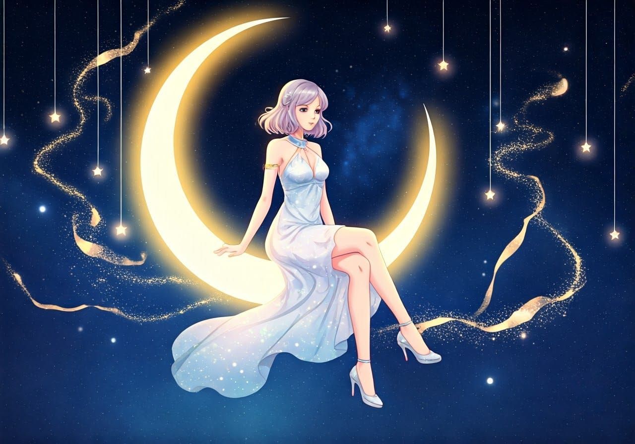 Anime Maiden Glows on Celestial Moon