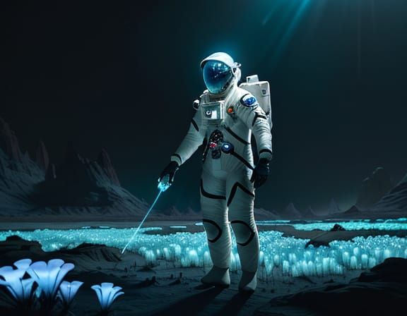 Astronaut and Bioluminescent Garden on Alien Planet
