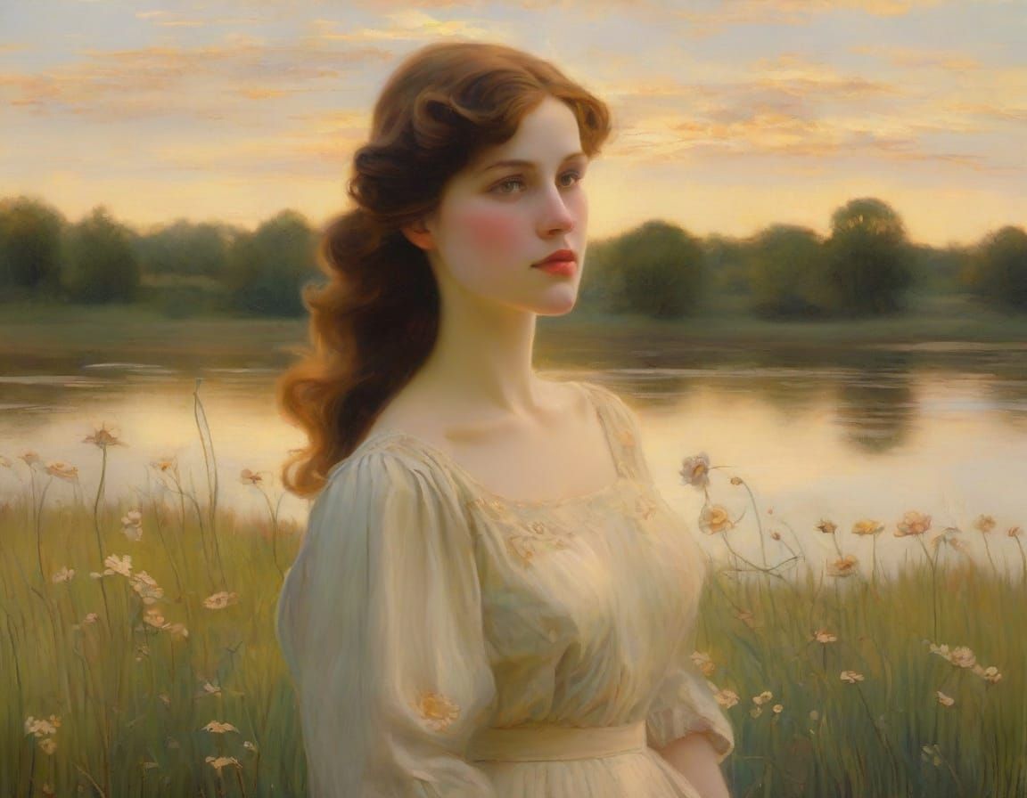 Woman in Flower Field: Romantic Realism in Waterhouse Style