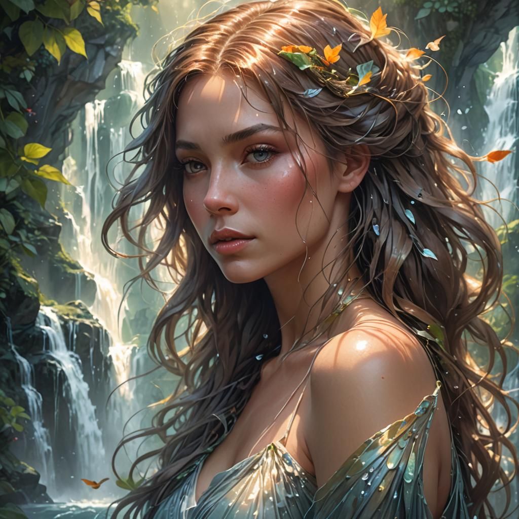 Mystical Woman Portrait with Waterfall Hair in Art Nouveau S...