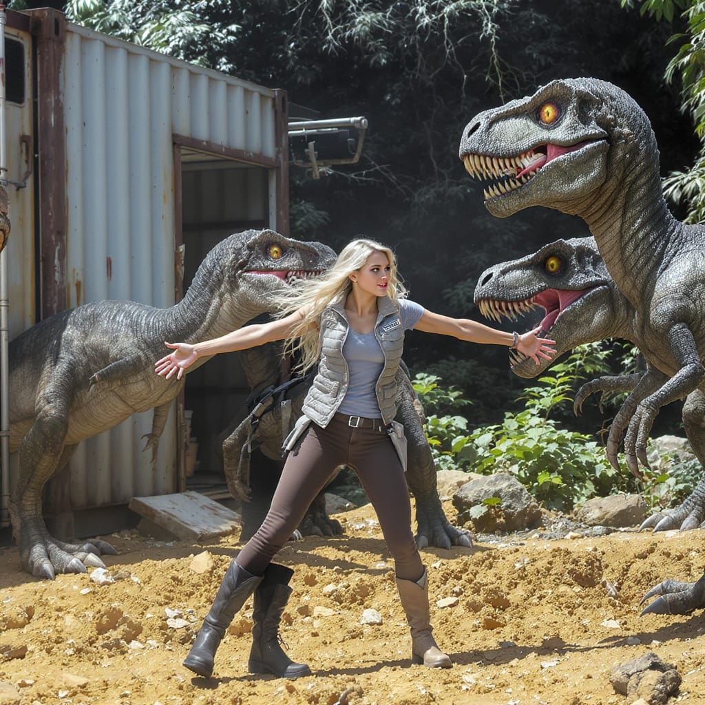 Woman Halts Velociraptors: Cinematic Sci-Fi Encounter