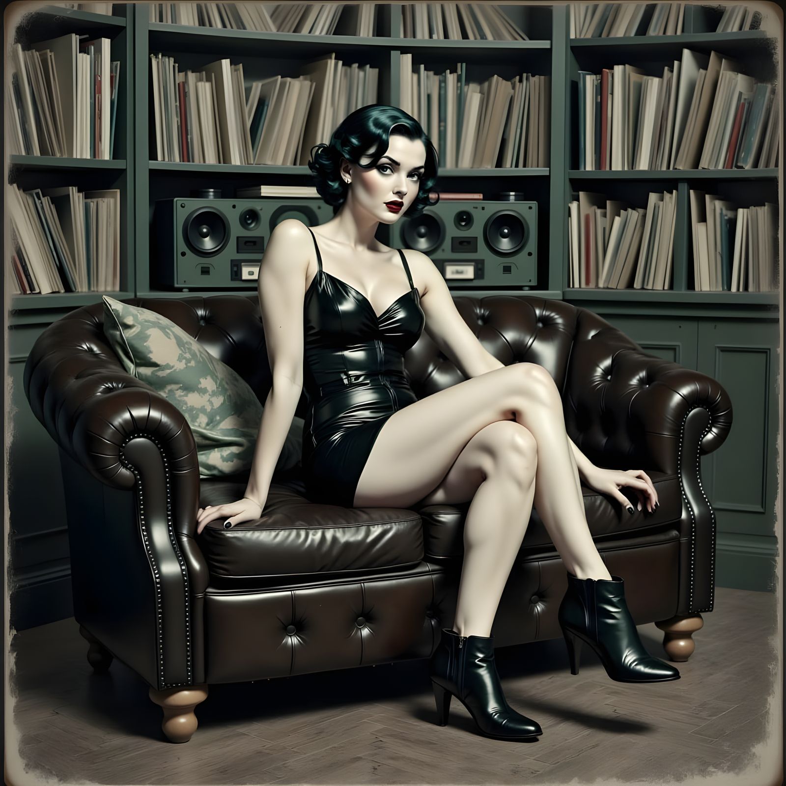 Young Woman Relaxing in a Vintage Music Room