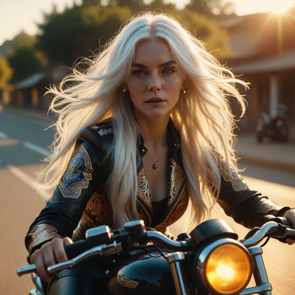 Woman on Motorcycle in Cinematic Golden Hour
