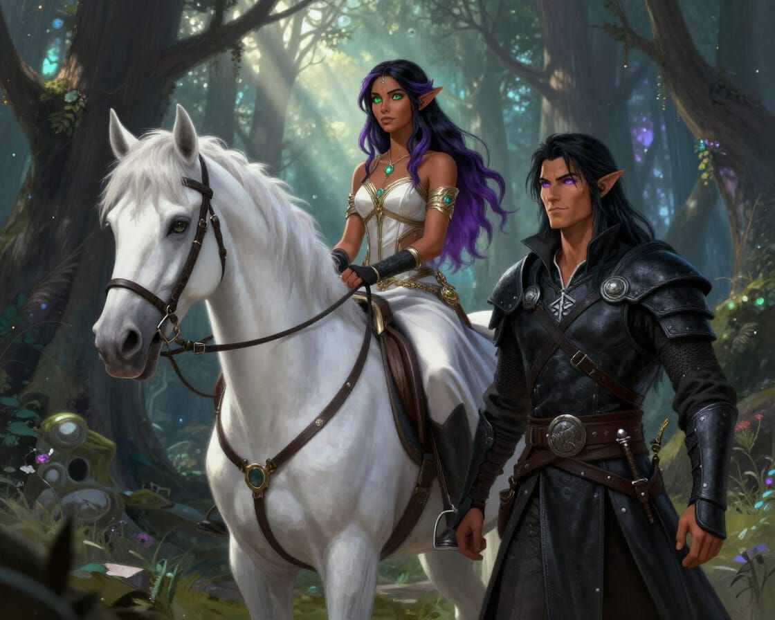 Elf Warrior Guards Princess in Enchanted Forest