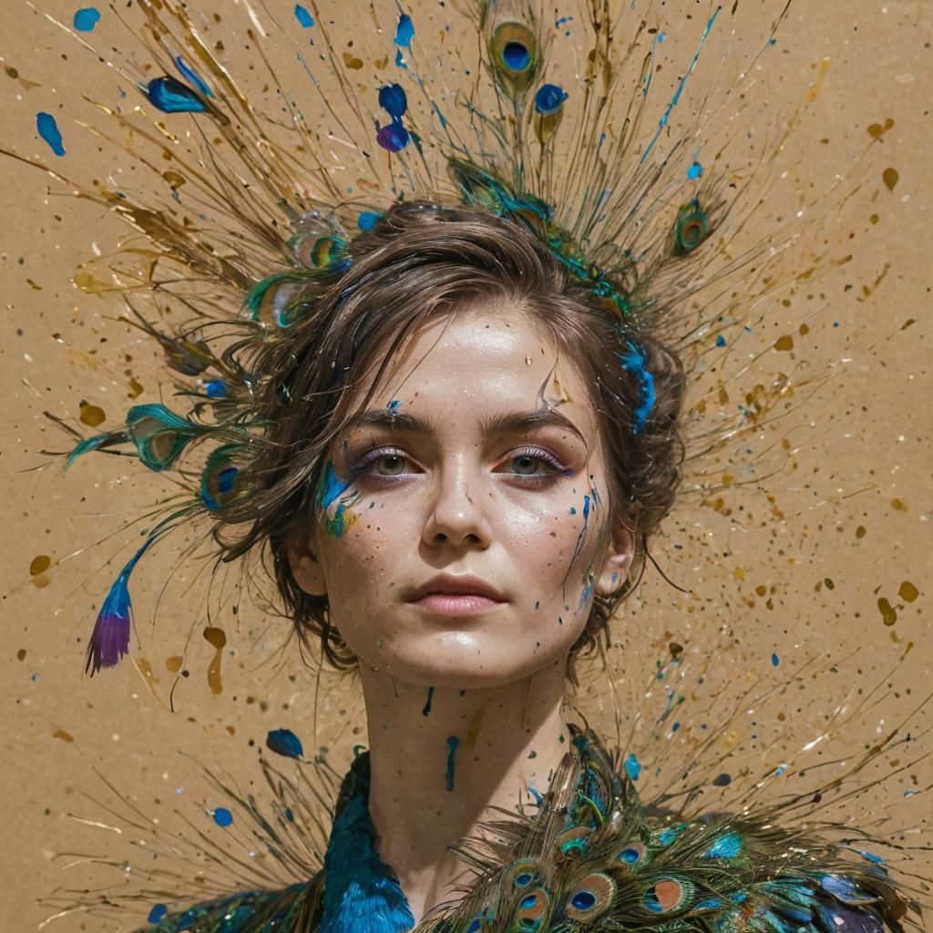 Iridescent Ink Splatter Peacock Feather Portrait