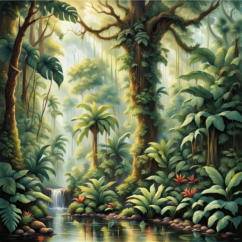 Lush Rainforest Scene with Waterfall and Wildlife