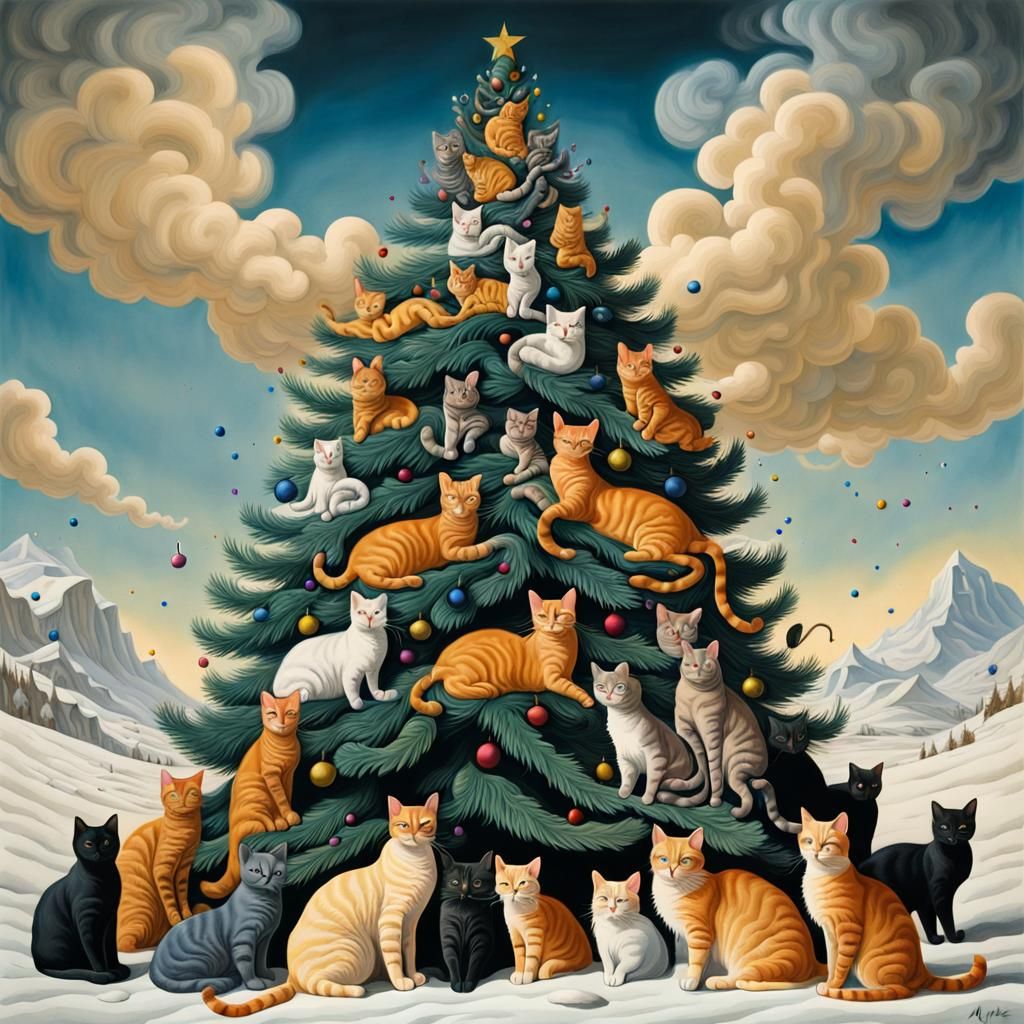 Surreal Christmas Tree of Cats, Ink Gouache Painting