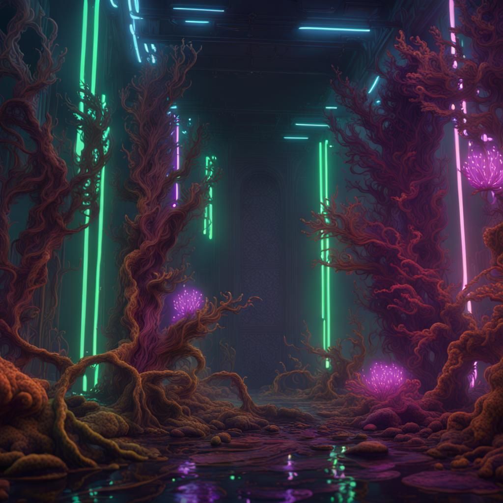 Neon Circuitry Seaweed in Detailed Matte Painting