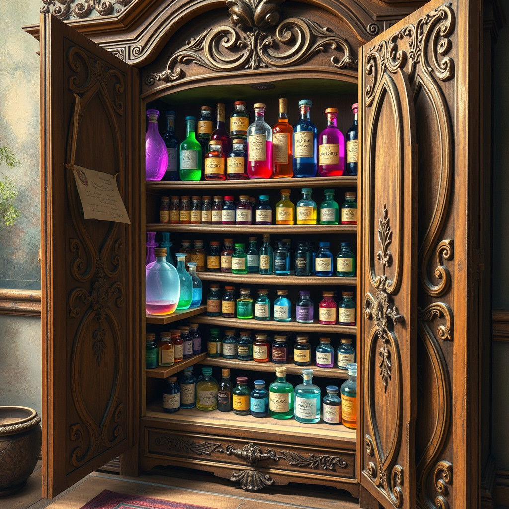 Mystical Wardrobe Overflowing with Colorful Potions