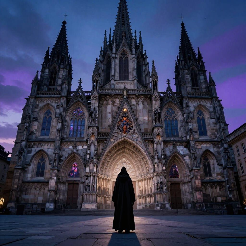 Cloaked Figure Before Ancient Cathedral in Twilight