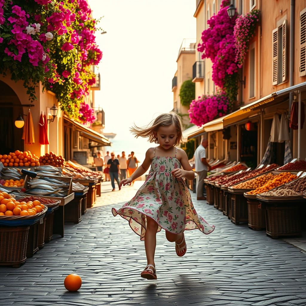 A Young Girl Chases a Runaway Orange in a Vibrant Coastal Ma...
