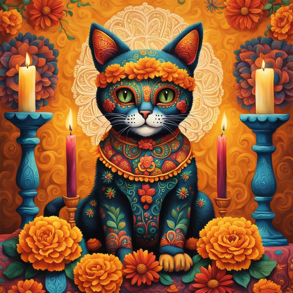 Day of the Dead Cat in Folk Art Style