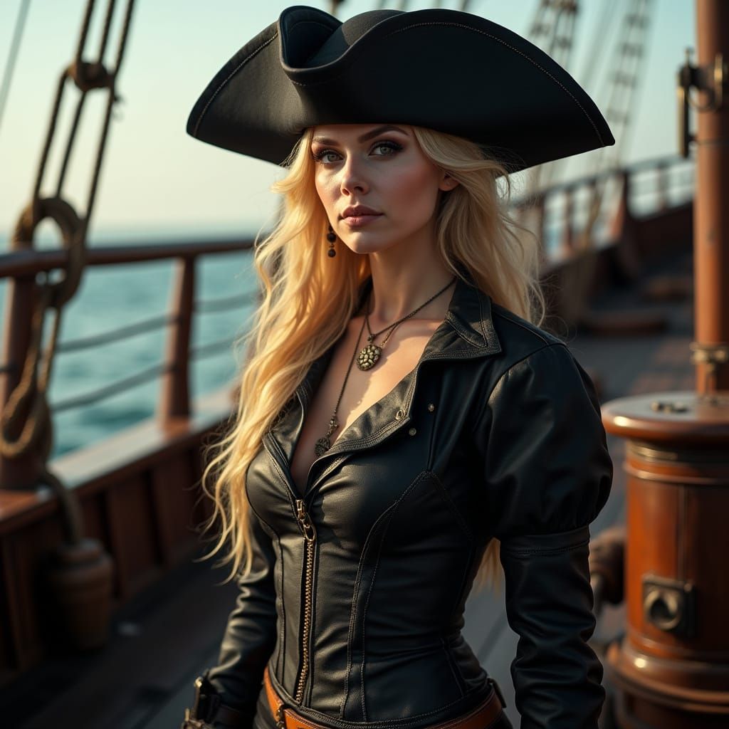 Pirate Captain Woman on Deck in Photorealistic Style