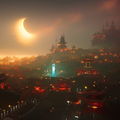 Chinese Dragon in a Neon Lit Night Sky