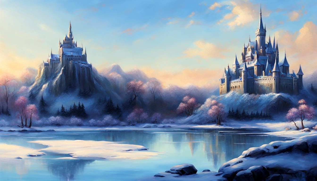 Serene Elven Castle in Enchanted Winter Landscape