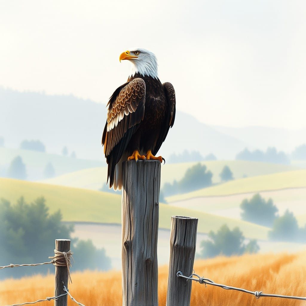 Regal American Bald Eagle in Serene Rural Landscape