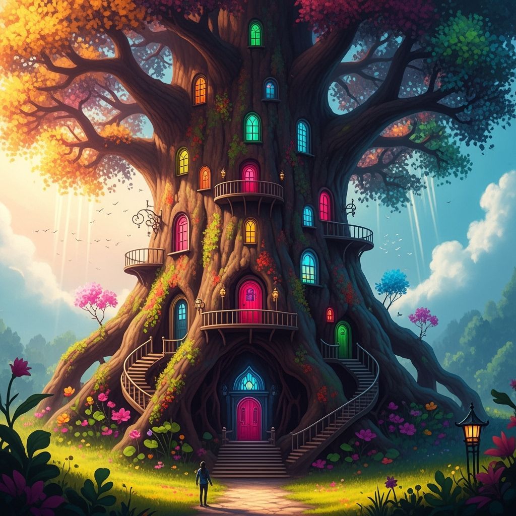 Ancient Tree Dwelling in Sunlit Forest, Matte Painting