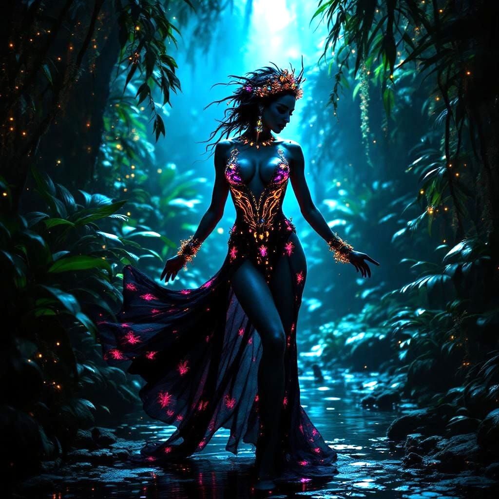 Exotic Dancer in Bioluminescent Rainforest