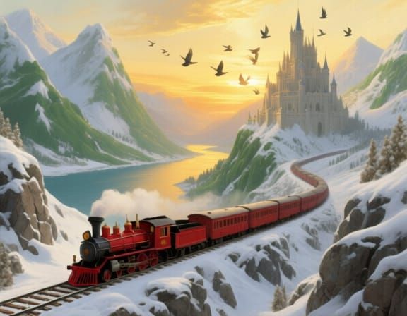 Vivid Red Steam Train in Snowy Mountain Sunset Landscape
