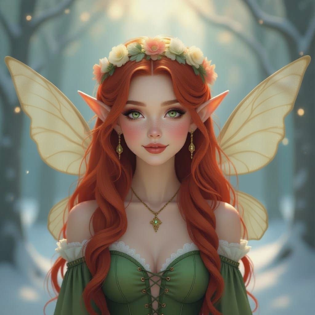 Red Haired Elf in Winter Forest with Butterflies