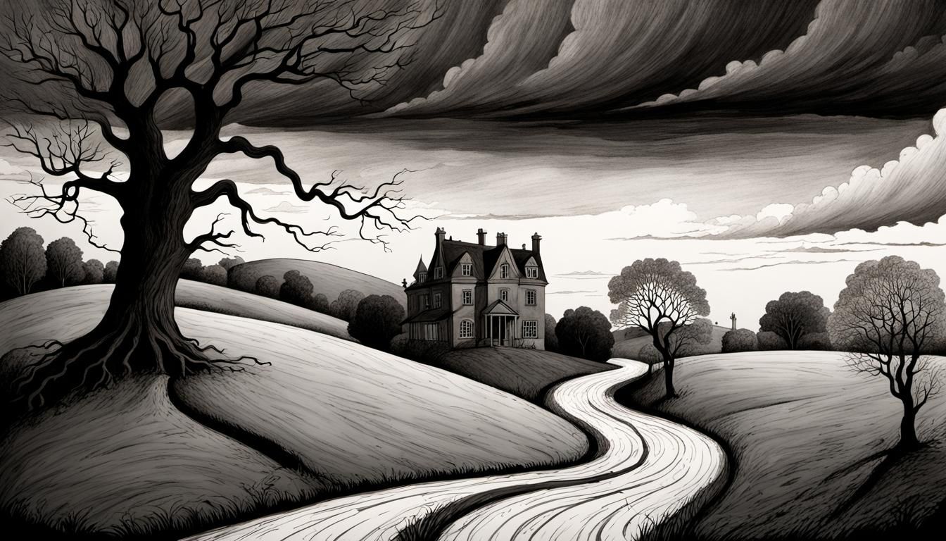 Eerie Gothic Manor in Edward Gorey Style