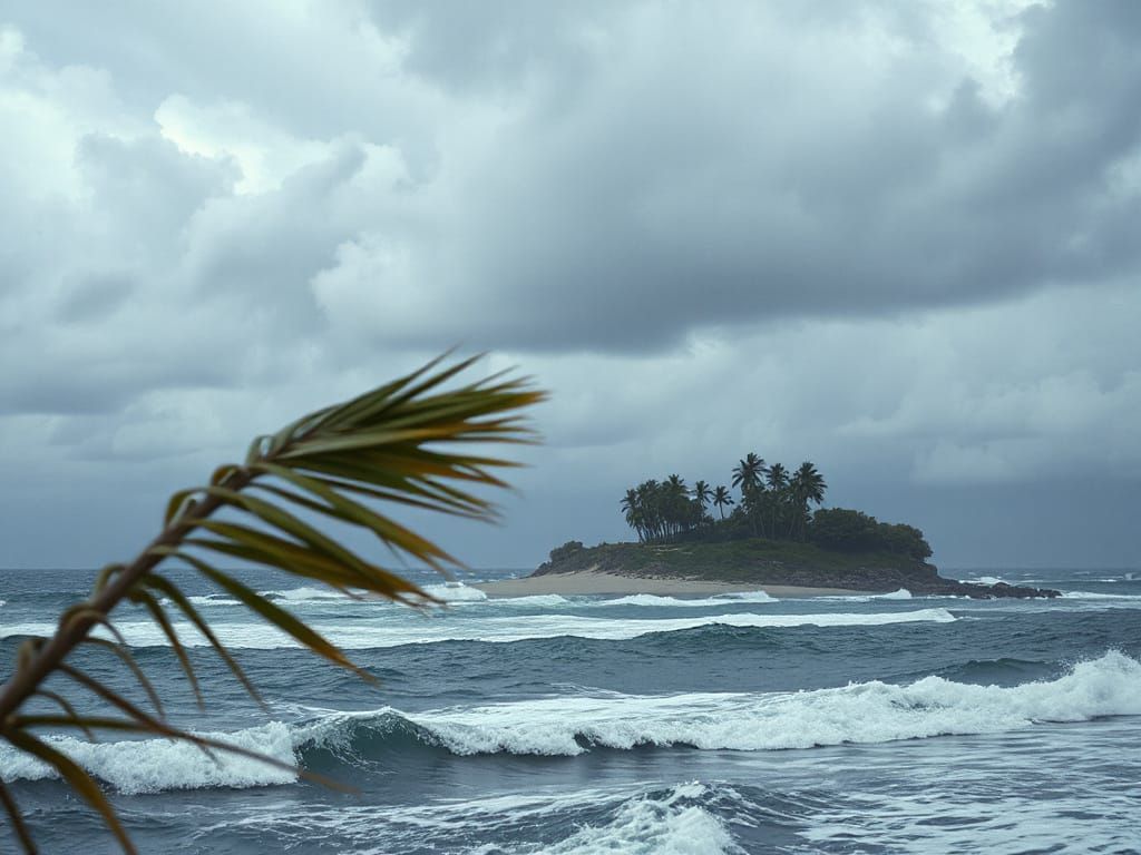 Storm clouds over a wind-swept desert island, with palm leav...