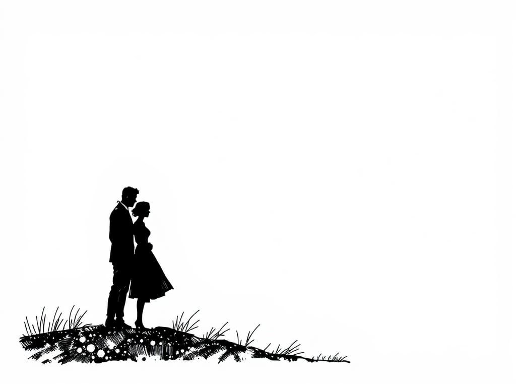 Simplistic Black and White Ink Drawing of a Minimalist Coupl...