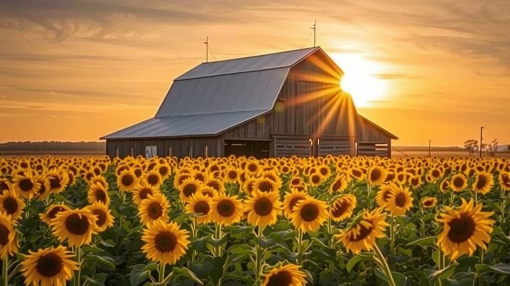 Golden Sunflowers Before Rustic Barn at Sunset