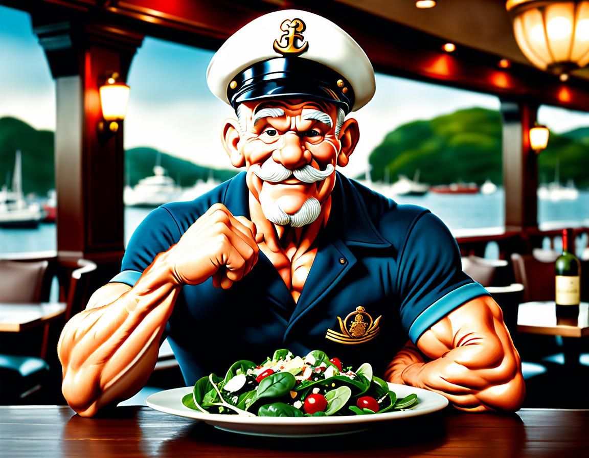 Elderly Popeye Enjoying Spinach Salad at Restaurant