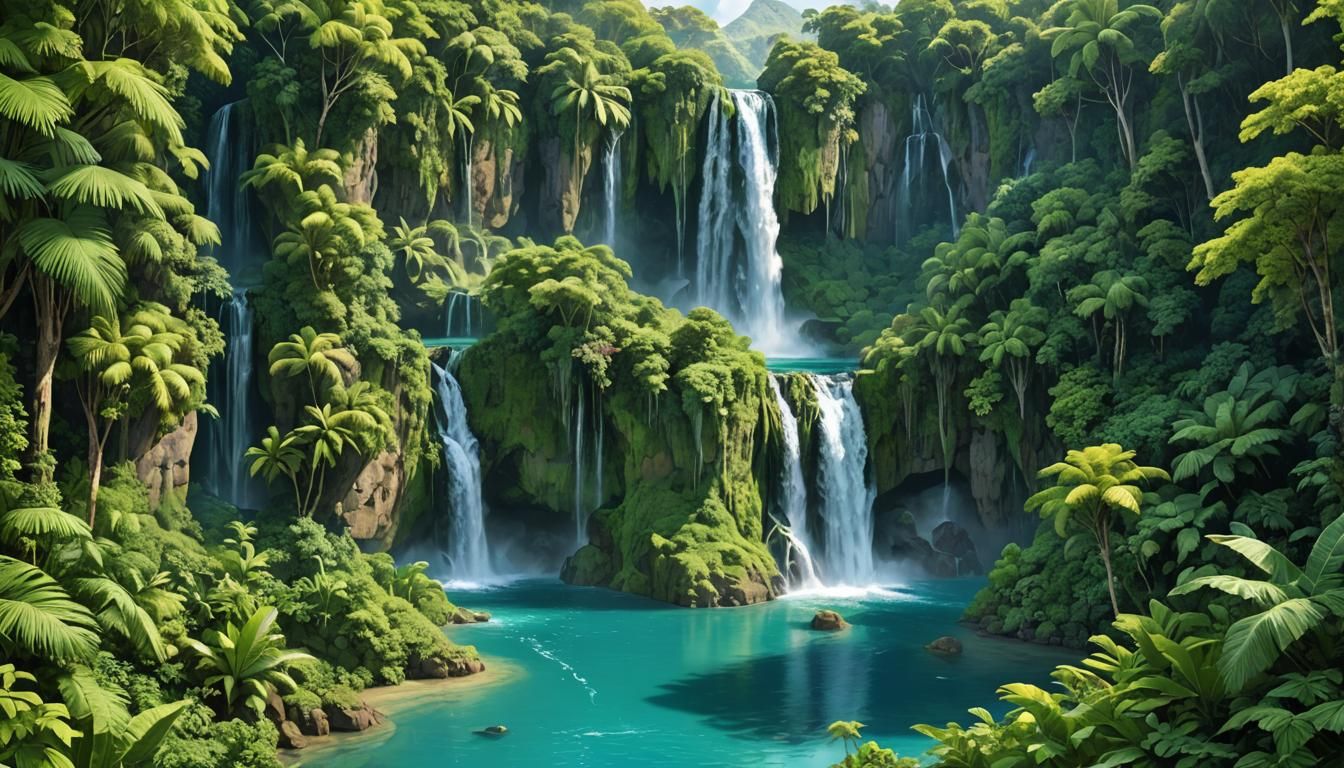 Majestic Waterfall Cascading into Lagoon Illustration