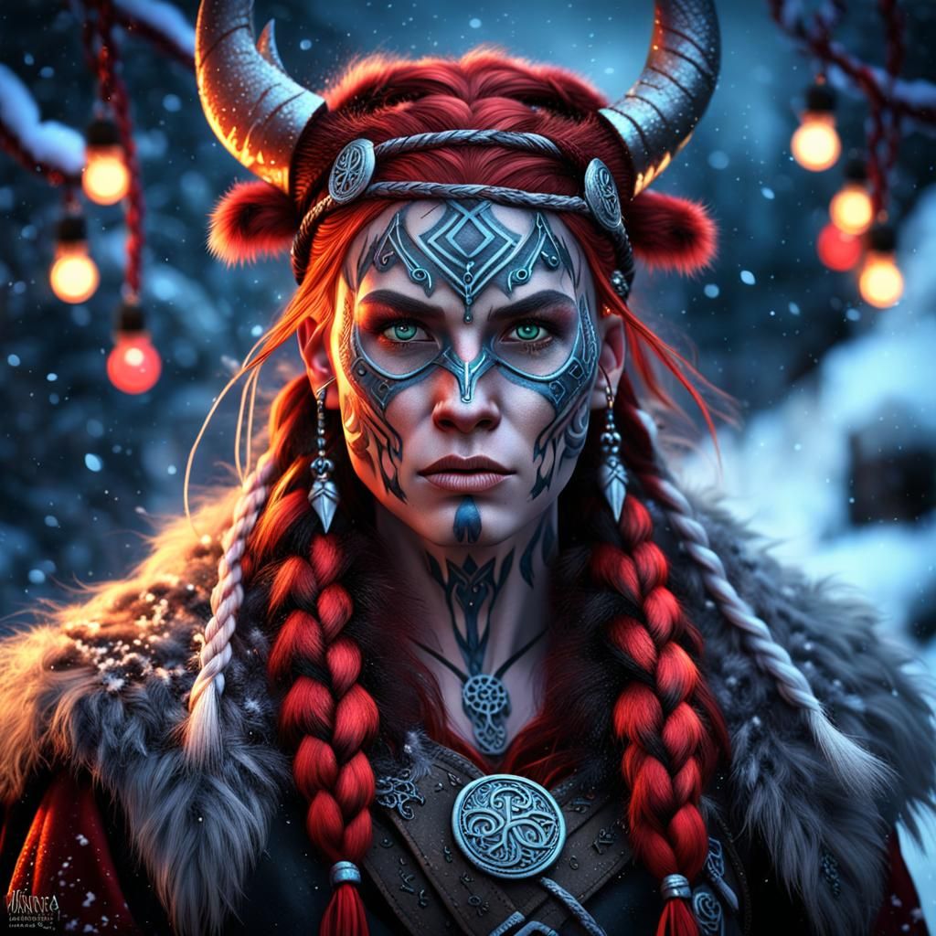 Festive Valkyrie with Norse Runes and Braids