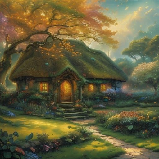 Cozy English Cottage in Picturesque Countryside Oil Painting