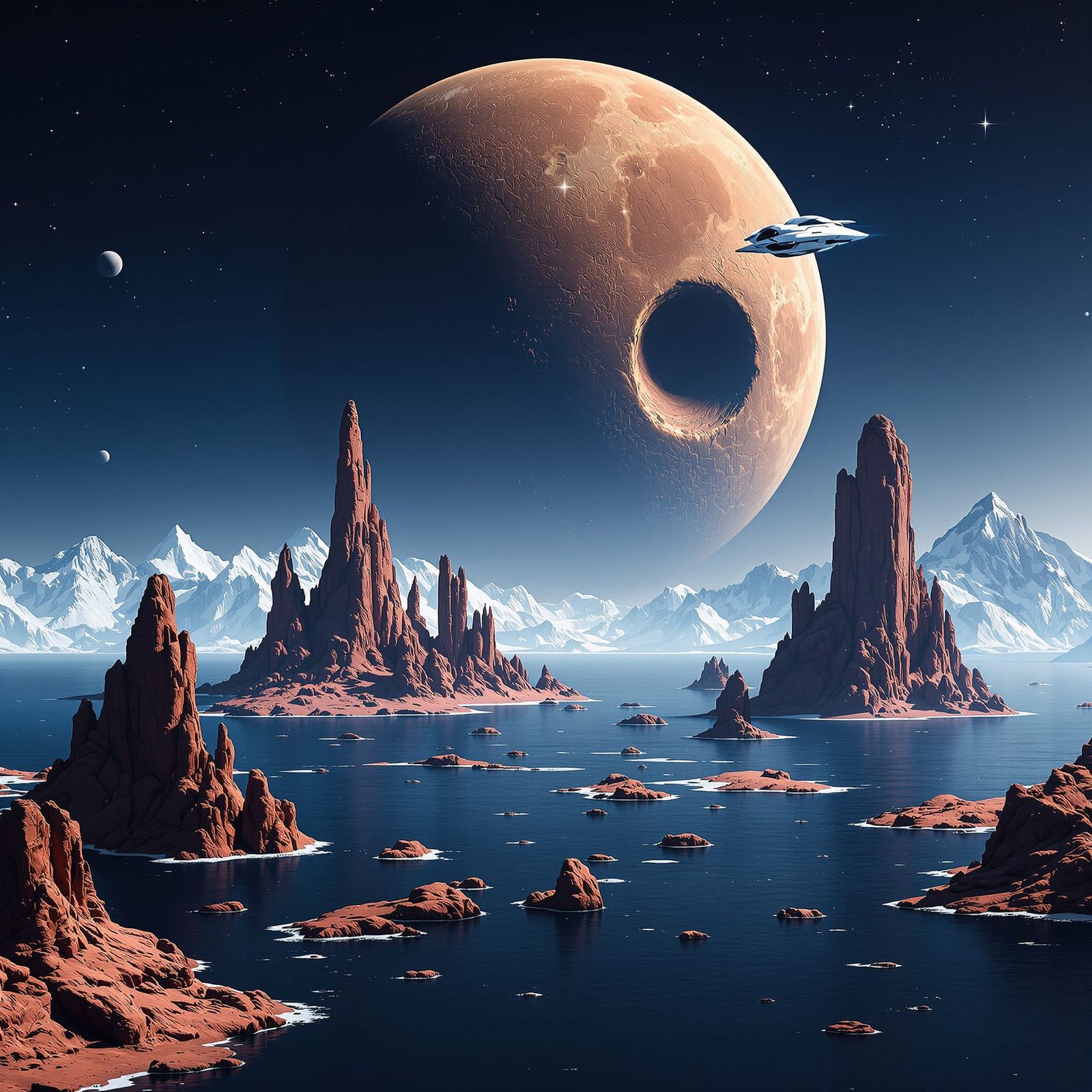 Alien Landscape with Giant Moon and Spaceship