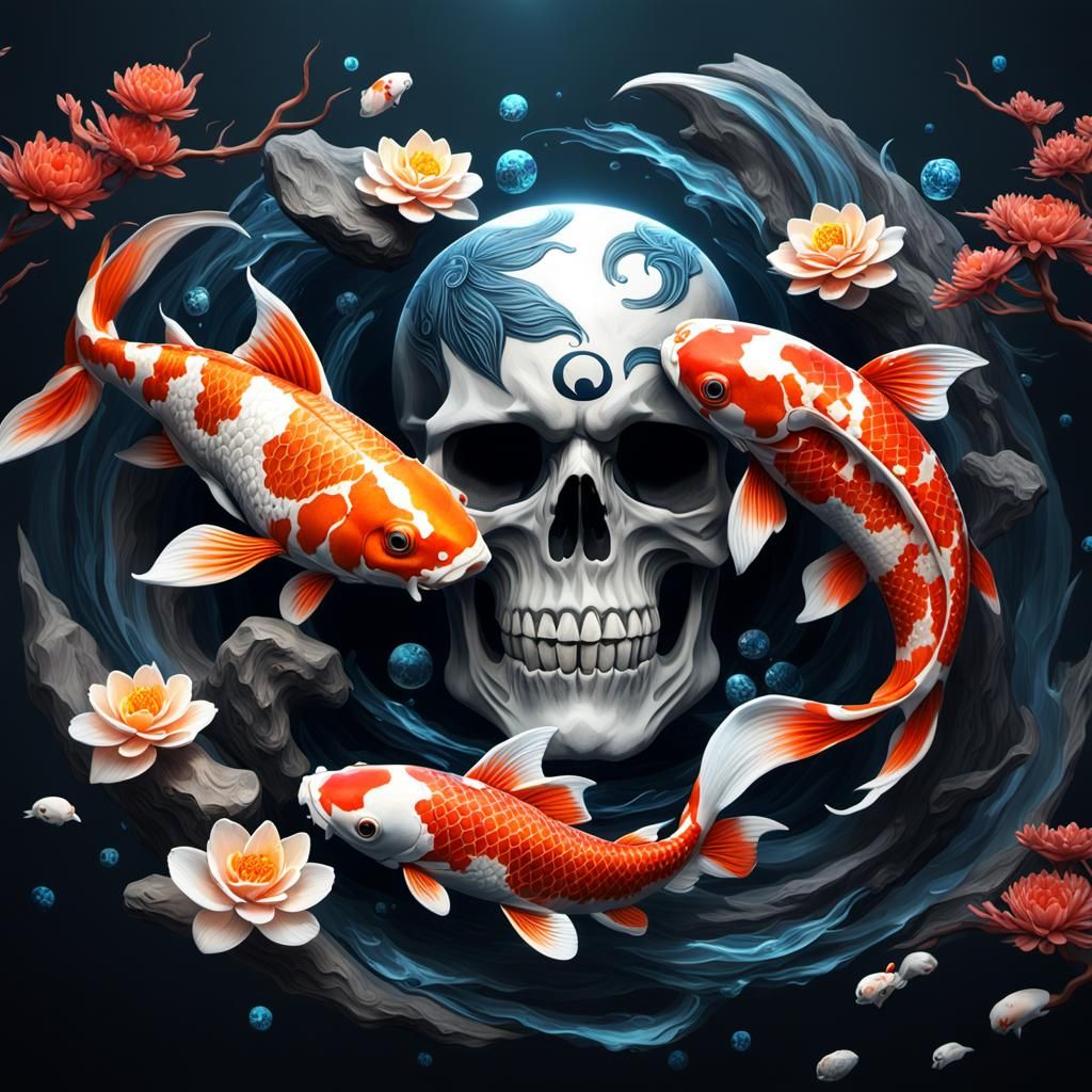 Koi Skull Ying Yang in Detailed Matte Painting