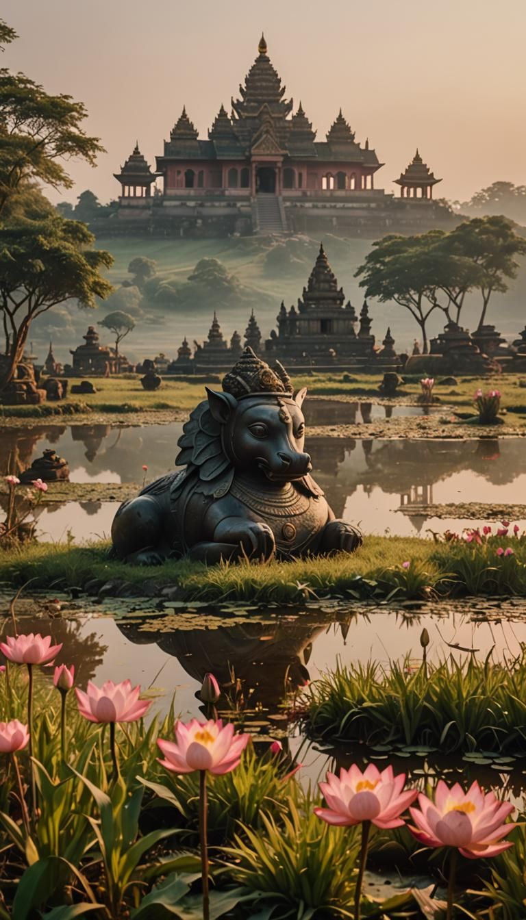 Sacred Nandi Statue at Dawn: Cinematic Temple View