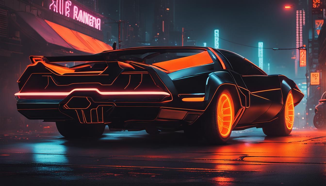 Cyberpunk Batmobile Muscle Car on Dark Street