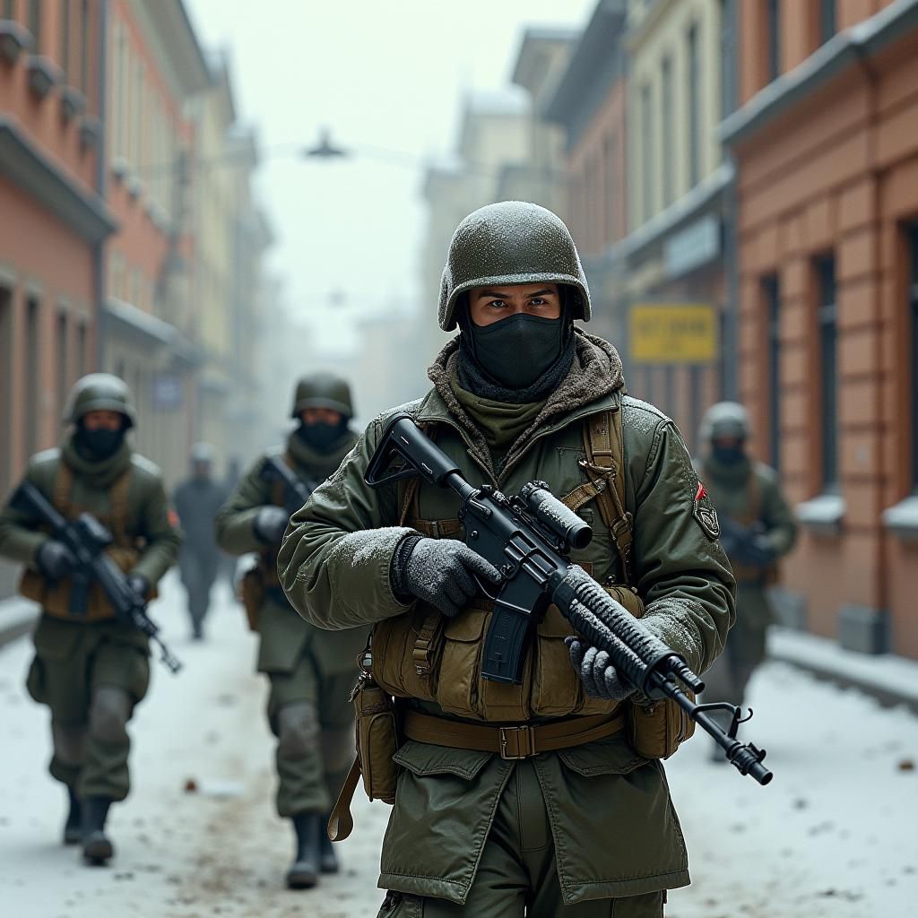Russian Infantry Patrols Snowy Moscow: Retro-Futuristic Styl...