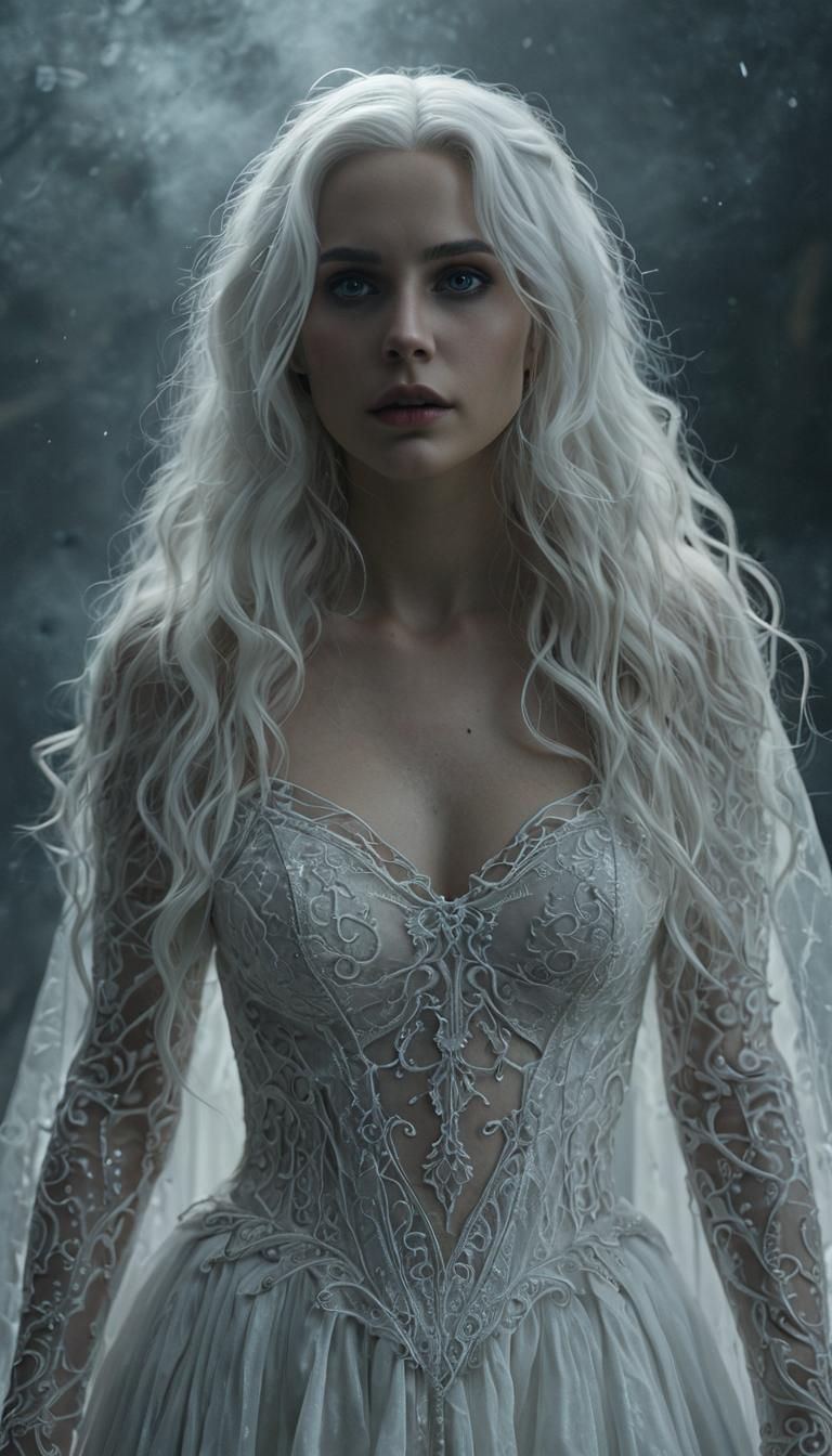 Ethereal Female Ghost in White Gown