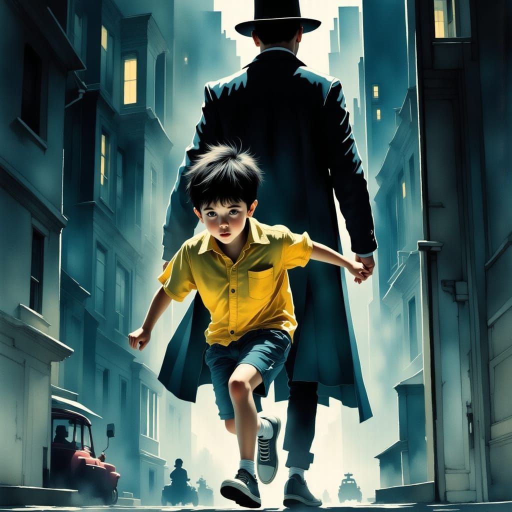 A Young Boy's Urgent Flight Through Urban Shadows