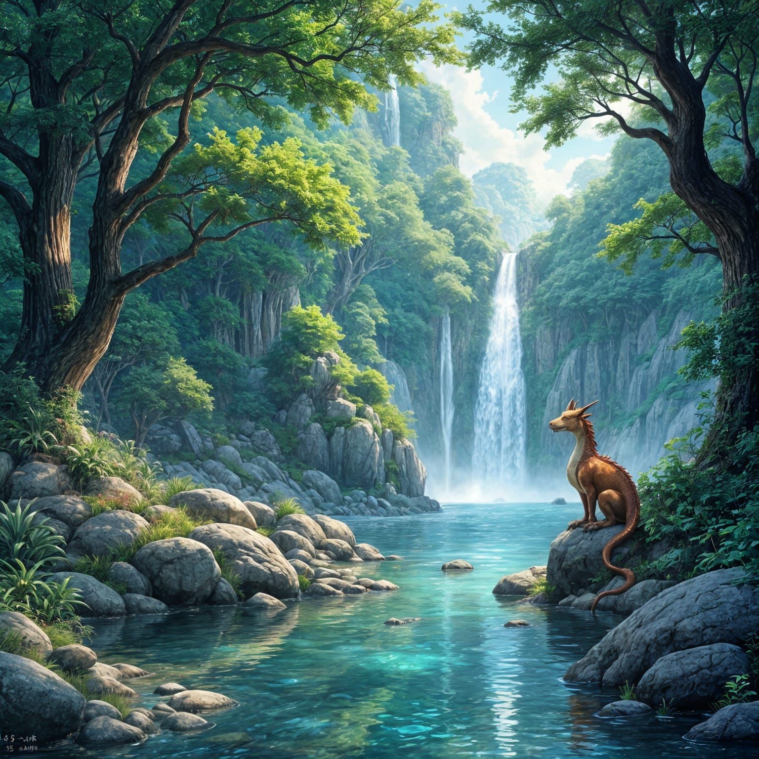 Whimsical Dragon Basks in River Oasis