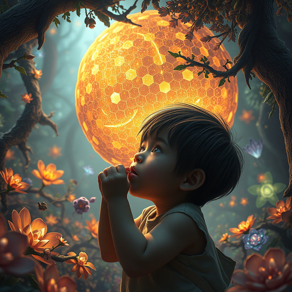 Child in Dreamlike Forest with Honeycomb