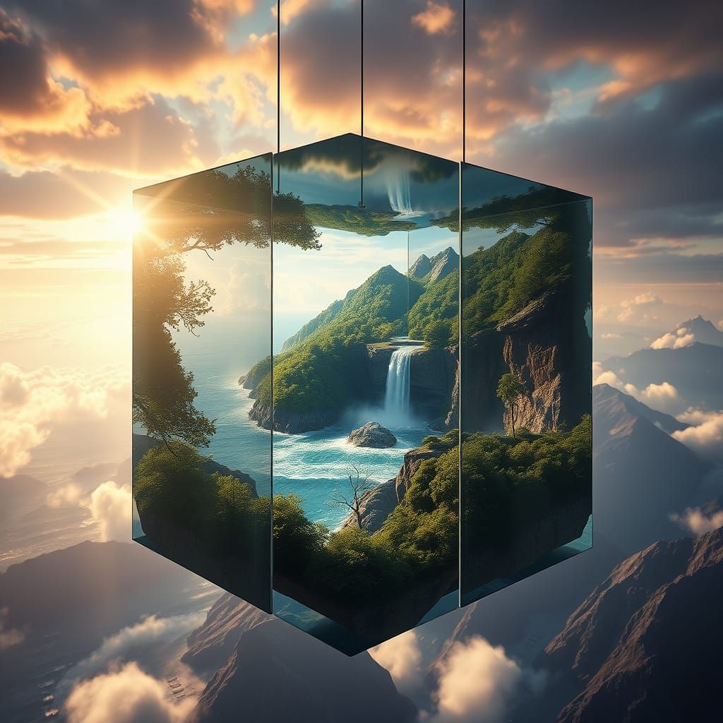 Surreal Glass Cube Window to a Serene Forest Landscape