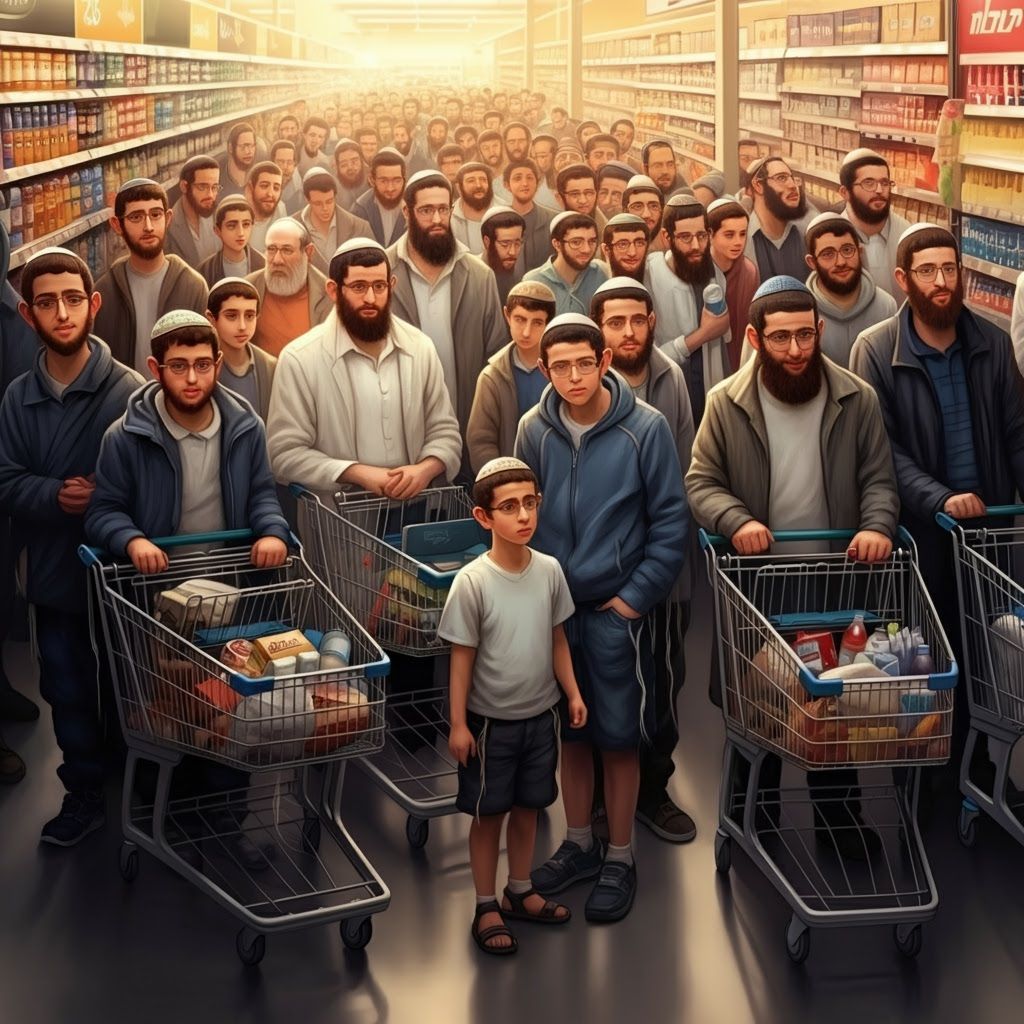 Realistic Digital Painting of a Crowded Supermarket Queue
