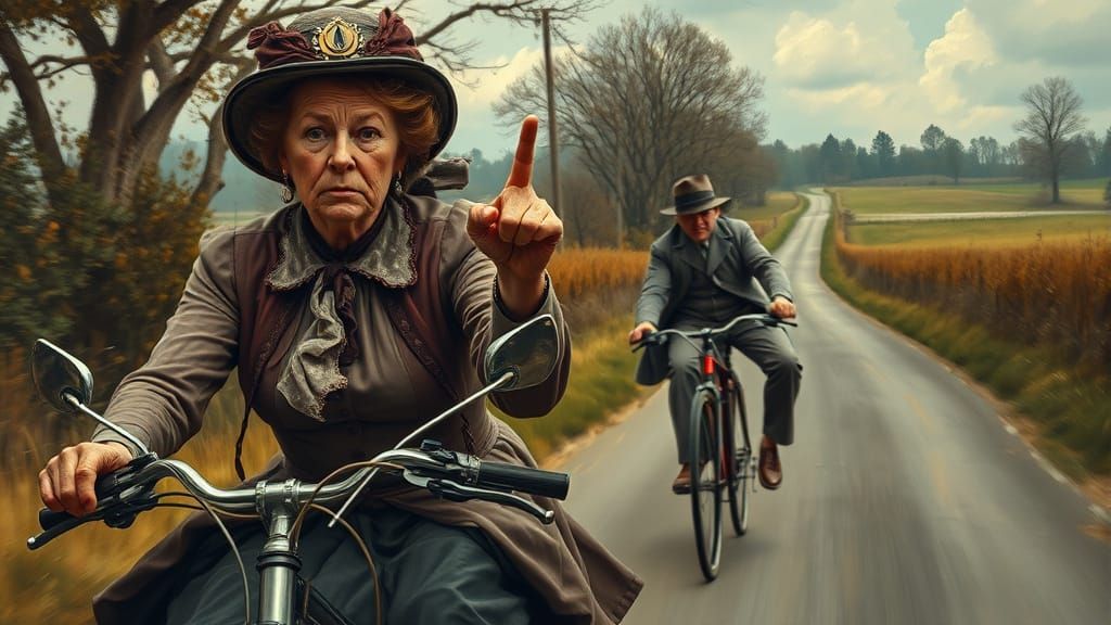 Victorian Woman on Motorcycle Mocks Cyclist