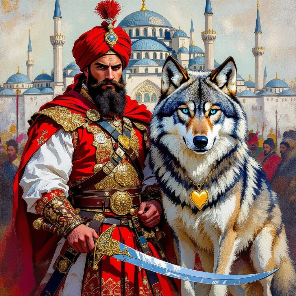 Janissary Warrior with Wolf in Neo-Impressionist Style