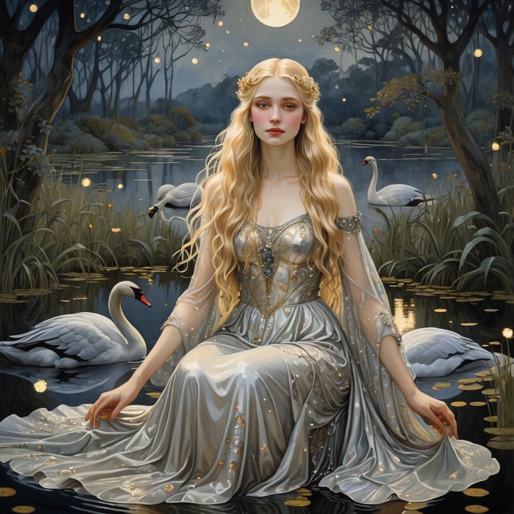 Art Nouveau Girl with Swans in Moonlight