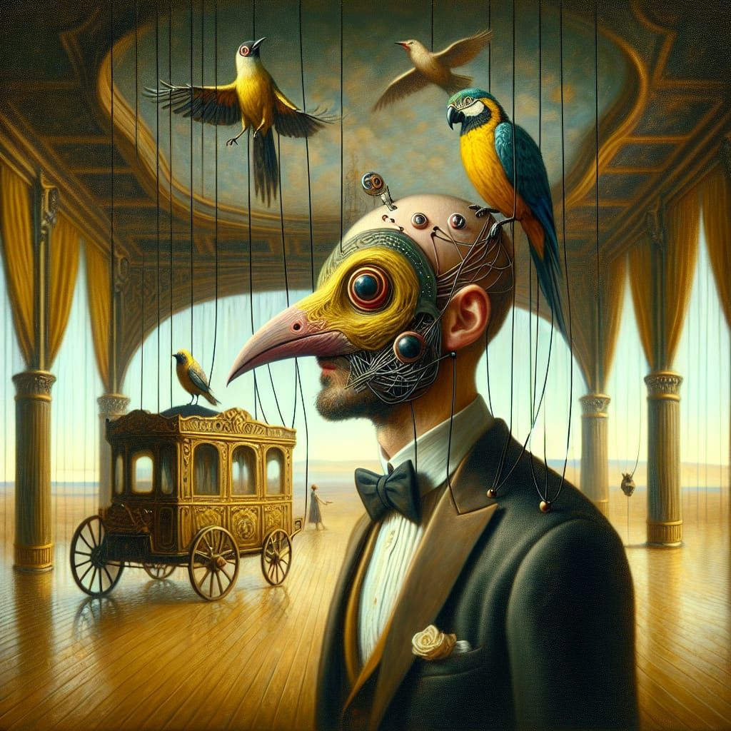 Surreal Bird Masked Man in Futuristic Ballroom