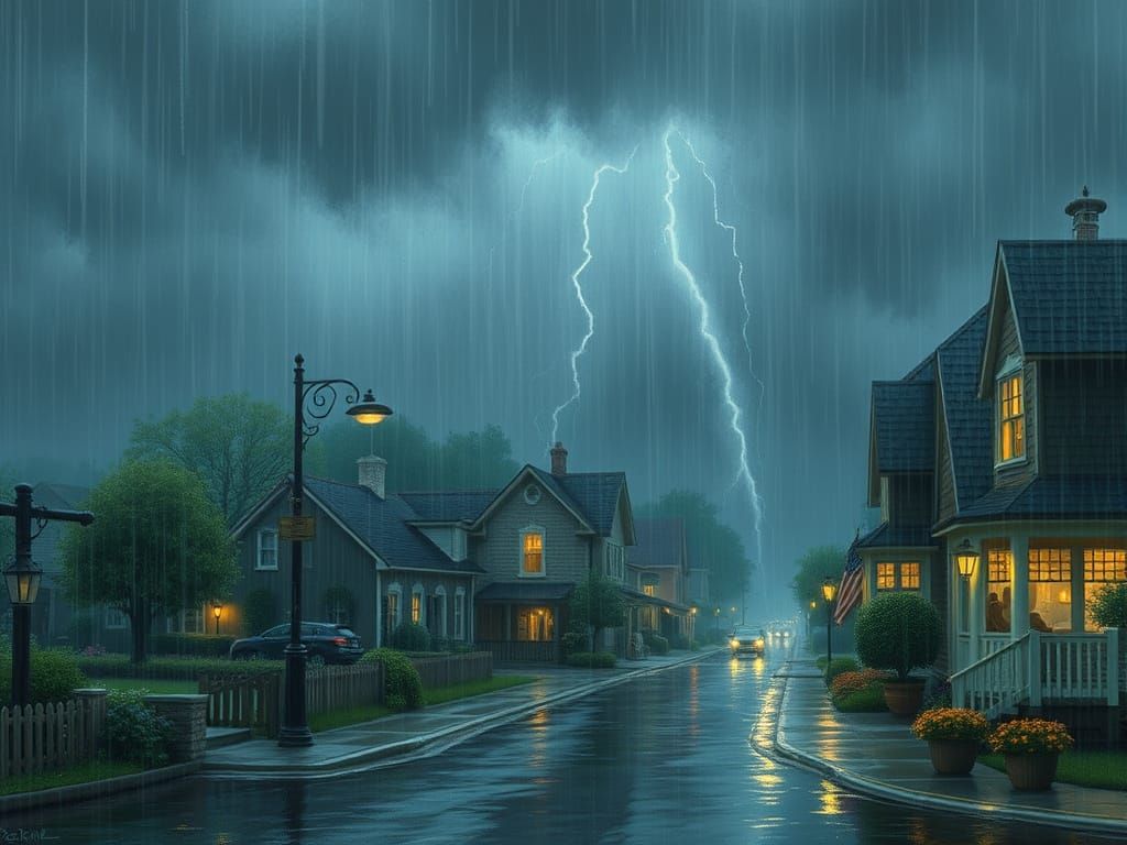 Whimsical Small Town Rainstorm in a Cozy Americana Style